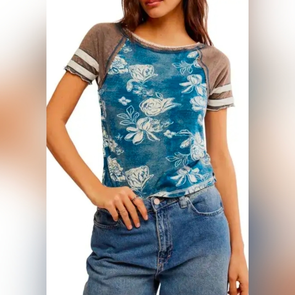 Free People We The Free Wish You Were Here Floral Cotton T-Shirt In Blue